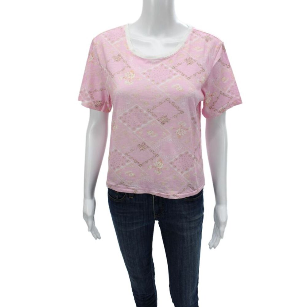 Love Shack Fancy Women Cropped Pink Floral Cotton Tee Size XS